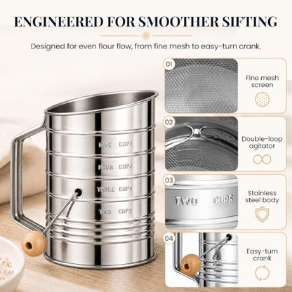 Bellemain Stainless Steel Flour Sifter for Baking with Hand Crank - 5 Cup - size: 5 Cup