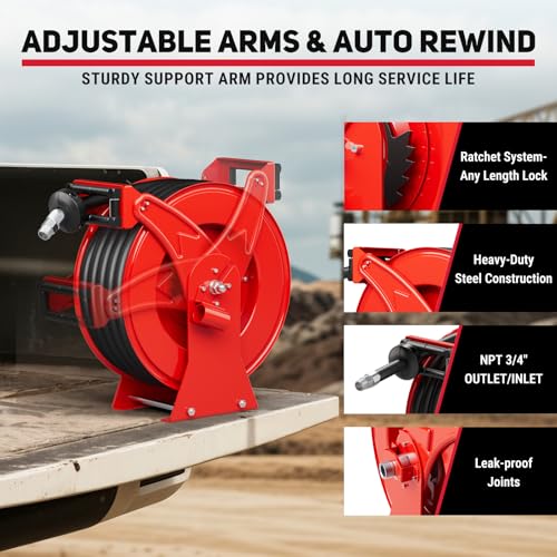 Fuel Hose Reel 3/4" x 50FT, Retractable Diesel Reel with Nozzle - color: Red, size: 3/4 inch 50FT