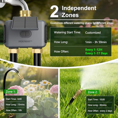 120FT WiFi Solar Drip Irrigation System, Dual Zone Timer - size: 120-Foot Dual-Tube Brass Solar Wireless Timer