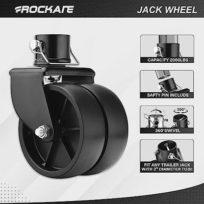 Rockane Dual 6'' Black Trailer Jack Swivel Caster Wheel Replacement 2000Lbs - size: 2000LBS