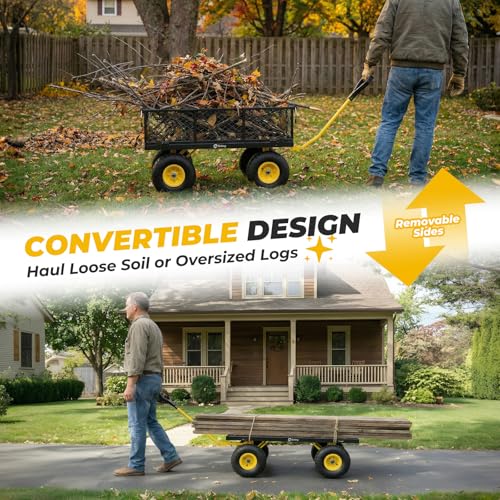 Sekey 600lbs Steel Mesh Garden Cart for Patio & Backyard, Utility Wagon with Removable Sides (Convertible Flatbed), 10" Rubber Tires, Black - color: Black, size: 600LBS