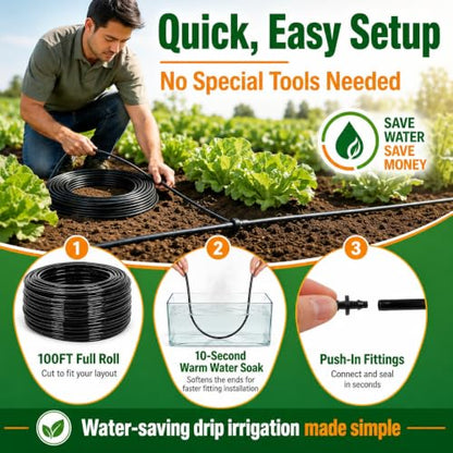 1/4 Drip Irrigation Tubing 100FT, Built-in 0.5 GPH Emitters, 6 Inch Spacing - size: 100FT