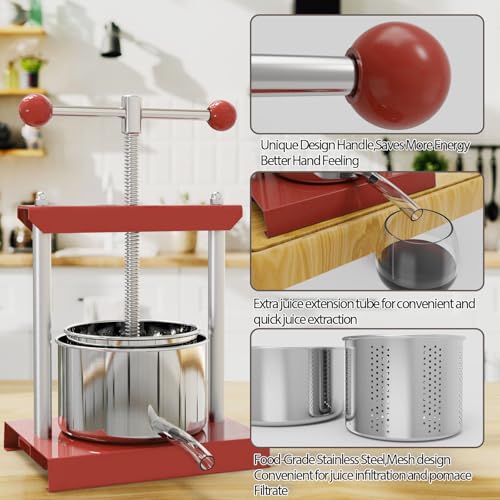 SQUEEZE master Cheese Tincture Herb Fruit Wine Manual Press -1.6Gallon/ 6 Litre-Power Ball Handle-Stainless Steel & Iron for Juice,Cider,Wine,Olive Oil - color: Red, size: 1.6Gallon