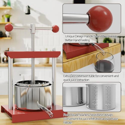 SQUEEZE master Cheese Tincture Herb Fruit Wine Manual Press -1.6Gallon/ 6 Litre-Power Ball Handle-Stainless Steel & Iron for Juice,Cider,Wine,Olive Oil - color: Red, size: 1.6Gallon