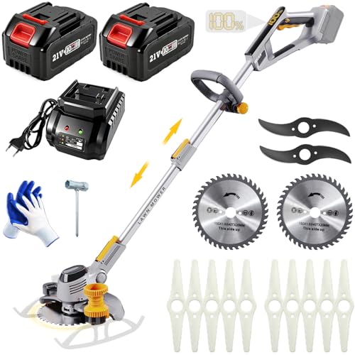 6000mAh Electric Weed Wacker Cordless, 21V Battery Powered Weed Eater with 3 Types Blades, 2 in 1 Brush Cutter/Edger Tool, for Lawn, Yard and Bush Trimming, 2 Battery