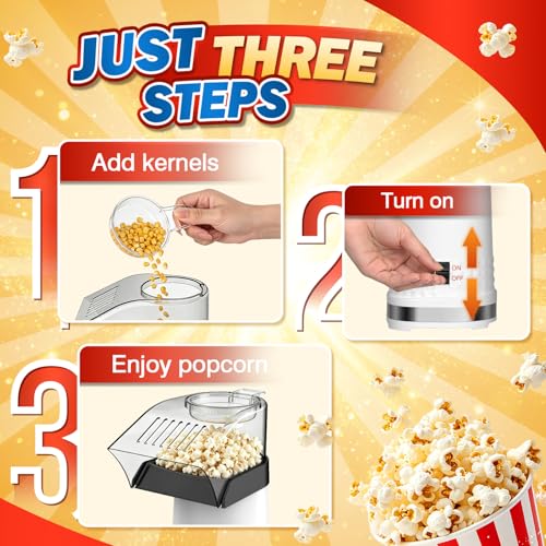 4.5 Quarts No Oil Electric Popcorn Machine with Measuring Cup + Melts Butter, Quick & Easy Hot Air Popcorn Popper Maker with On/Off Switch, Etl Certified, Air Popper for Movie Nights Parties(White)