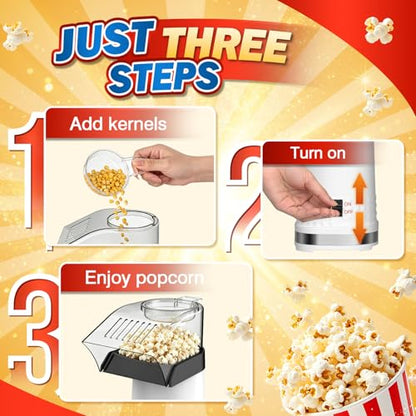4.5 Quarts No Oil Electric Popcorn Machine with Measuring Cup + Melts Butter, Quick & Easy Hot Air Popcorn Popper Maker with On/Off Switch, Etl Certified, Air Popper for Movie Nights Parties(White)