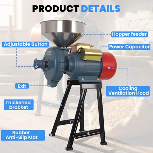 3000W Electric Grain Mill, Heavy Duty Wet ＆ Dry Grinder with Adjustable Thickness for Coarse to Fine Grinding, Commercial Flour Mill for Dry Corn Wheat Rice Soybeans - size: Dry and Wet - Grayish blue