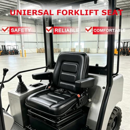 Universal Seat with Micro Switch, Armrest & Safety Belt – Heavy Duty Replacement for Forklift, Tractor, Skid Loader, Telehandler, Backhoe, Excavator, Dozer, Mower