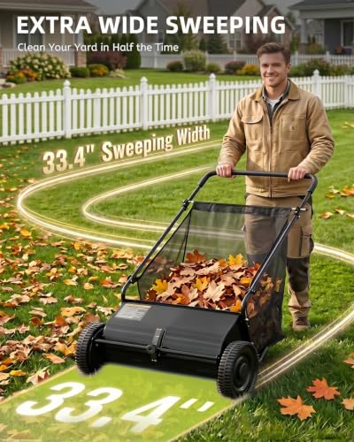 Push Lawn Sweeper, 33.4 in Yard Sweeper with 8 cu ft Bag - color: Black, size: 33.4 in