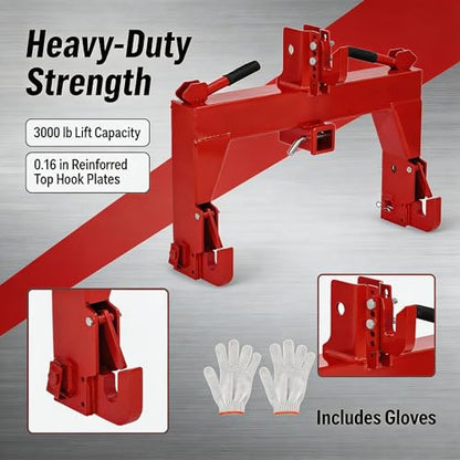 3-Point Quick Hitch for Tractors, 28 in Lower Arm Spacing, 3000 Lb Lift Capacity, 5-Position Adjustable Top Hook, Bolt-on No-Weld/No-Drill Adapter, Heavy-Duty 3x3 Steel, Powder-Coated Red - color: Red with Gloves