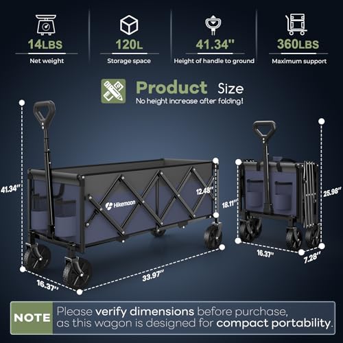 HIKEMOON 34'' Extra Long Folding Portable Wagon, 120L 360LBS Purple - color: Purple