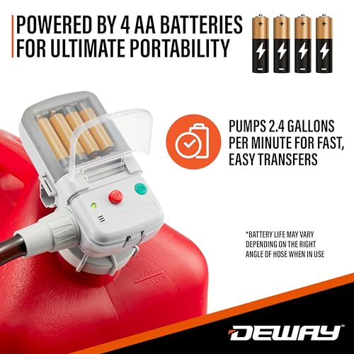 Deway AA Battery Gas Pump Automatic Fuel Transfer with Trigger Nozzle & PVC Hose - 2.4 GPM Siphon Pump for Gasoline, Diesel, Kerosene, Gas Cans, Generators, Lawn Mowers, Boats, ATVs - style: Hand Trigger Nozzle w/ PVC Hose