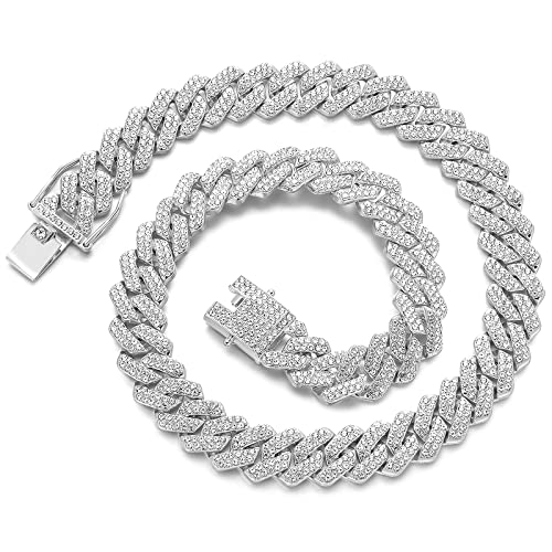 JUNVirtuous Cuban Link Chain Mens Iced Out Miami Cuban Necklace Silver/Gold Bling Diamond Hip Hop Jewelry for Women - color: 18 inch Silver Necklace