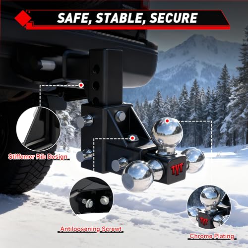 TYT Adjustable Tri-Ball Trailer Hitch for 2 inch Receiver, 5" Drop/Rise, Triple Balls (1-7/8", 2", 2-5/16"), 10,000 lbs GTW, 1,000 lbs TW, Includes Hitch Pin Lock & Tri Pins - size: Tri-Ball, 5" Drop/Rise