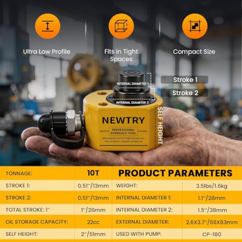 NEWTRY 10T Low Profile Jack+ CP-180 Hand Pump, 1" Stroke Multi-Section - size: 10T Hydraulic Jack + cp-180 Pump