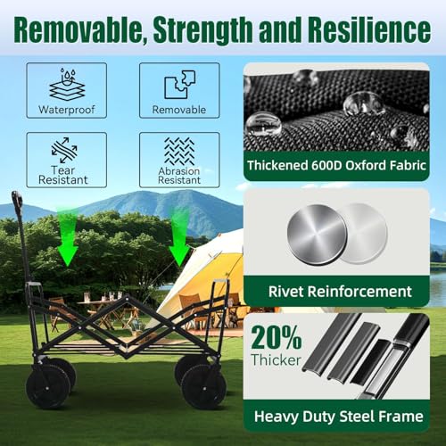 Collapsible Wagon Cart Foldable with Tailgate, 240L 480lbs Capacity, Heavy Duty Beach Wagon with Wheels Brake, Shopping Carts for Grocery, Camping, Garden Cart - size: 240L