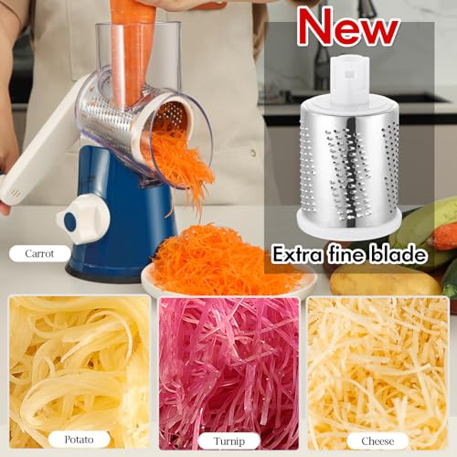 Ourokhome Rotary Cheese Grater Hand Crank, Kitchen Shredder Speed Mandolin Slicer Ice Shaver with Handle and Drum Blades for Cheese, Vegetable, Nuts, Chocolate, Potato, Carrot, 5 Blades, Dark Blue - color: C-Dark Blue, style: 5 blades