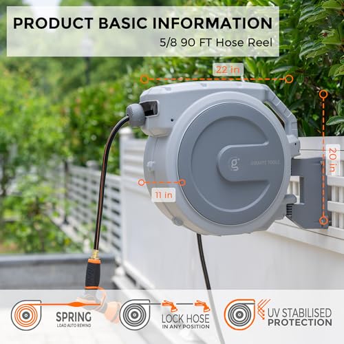 Giraffe Tools Retractable Garden Hose Reel 5/8" 90FT Wall Mount Light Grey - color: Light Grey, size: 5/8'' 90FT