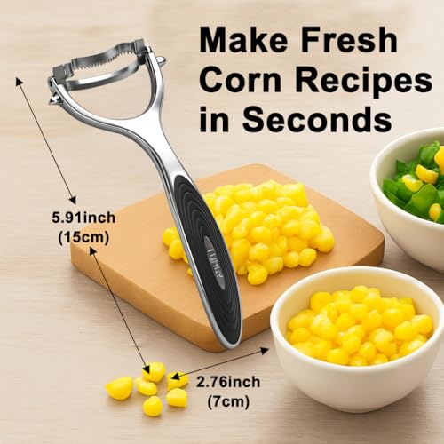 Corn Peeler Tool Set, Stainless Steel Corn Kernel Remover with Serrated Blade, Ergonomic Non-Slip Handle, Includes Corn Holders for Easy Corn Cutting