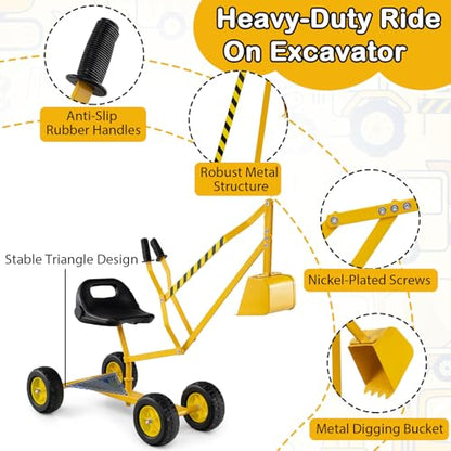 Costzon Kids Ride On Digger, 360° Seat Rotatable Excavator Crane Toy for Sand, Dirt, Snow, Heavy Duty Steel Beach Sandbox Sit on Digger for Boys Girls Outdoor Play (with Wheels) - style: w/ 4 Wheels