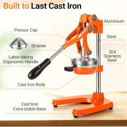Orange Cast Iron Juicer for Bartenders & Health Enthusiasts - color: orange