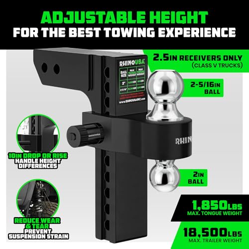 Rhino USA Adjustable Trailer Hitch (2.5in Receiver) - 10in Drop/Rise - color: Black, size: 2.5"x10"