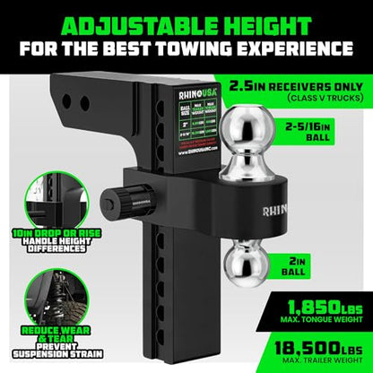 Rhino USA Adjustable Trailer Hitch (2.5in Receiver) - 10in Drop/Rise - color: Black, size: 2.5"x10"