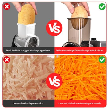Electric Cheese Grater 250W, 7-in-1 Salad Maker & Vegetable Slicer Shredder with Widened Feeding Port for Block Cheese, Carrots, Potatoes & Fruits, Professional Food Grating Machine