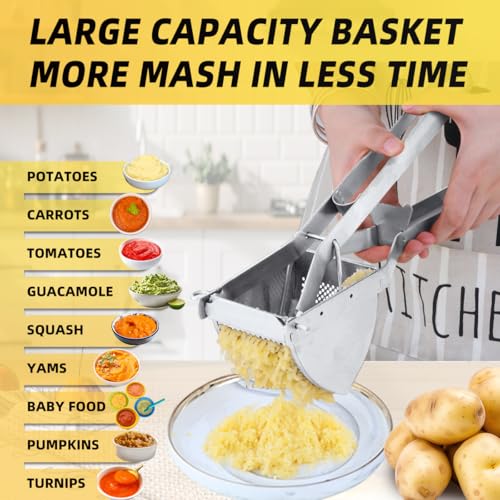 QRU Large Potato Ricer, Heavy Duty Stainless Steel Potato Masher for Commercial and Home Use, Fruit Press Baby Food Masher (Silver) - color: Silver