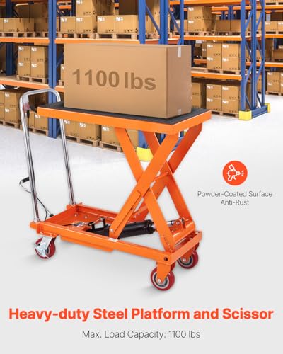 VEVOR 1100 LBS Hydraulic Lift Table Cart with 11"-35.4" Lift Range, Hydraulic Scissor Cart with Non-Slip Pad & 4 Wheels, Manual Single Scissor Lift for Material Handling and Transportation