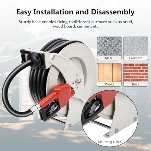 3/4" Diesel Fuel Hose Reel 50ft 300 PSI Retractable Heavy Duty Hose for Kerosene Spring Driven Auto Swivel Fuel Pump Transfer Hose with Nozzle Refueling for Service Truck Tank Boats Air Vehicle - size: #205-3/4" x 50ft, Silver