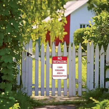 No Trespassing I Own Firearms And A Woodchipper 8X12 Inch Aluminum Metal Sign, for Private Property, Farm, Home, Yard