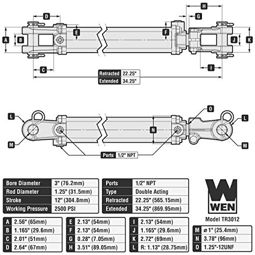 WEN 2500 PSI Tie Rod Hydraulic Cylinder with 3 in. Bore and 12 in. Stroke (TR-3012)