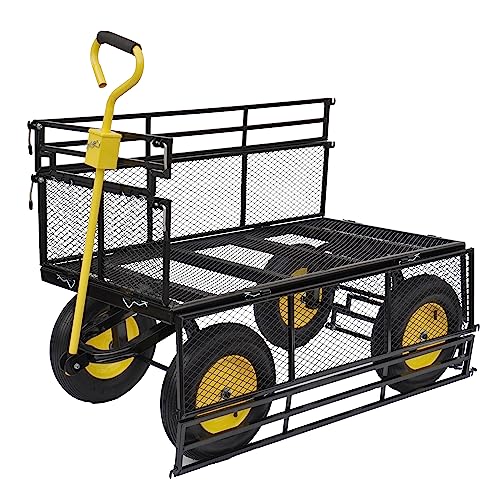 Heavy-Duty Iron Garden Cart Wagon with 1100 lbs Capacity, 15 inch Pneumatic Tires for Firewood, Debris & Outdoor Tasks - 55" L x 24" W x 46.8" H,Yellow & Black - size: 1100 LBS