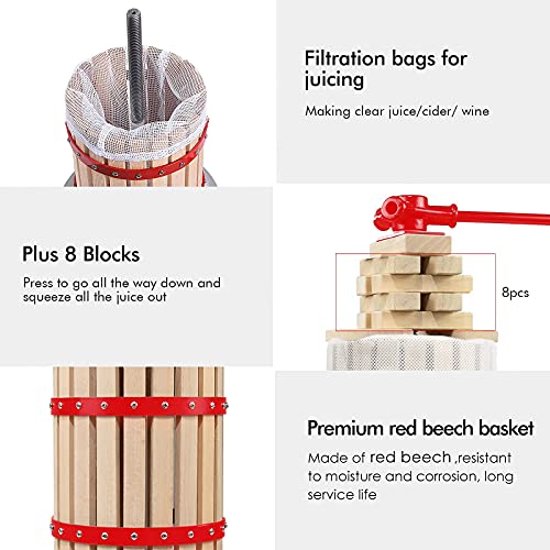 4.75 Gallon Fruit Wine Press with 2 Pack Filter Bag - 100% Nature Apple&Grape&Berries Crusher Manual Juice Maker for Kitchen, Solid Wood Basket with 8 Blocks Heavy Duty Cider Wine Making Press