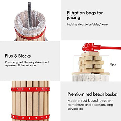 4.75 Gallon Fruit Wine Press with 2 Pack Filter Bag - 100% Nature Apple&Grape&Berries Crusher Manual Juice Maker for Kitchen, Solid Wood Basket with 8 Blocks Heavy Duty Cider Wine Making Press