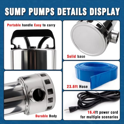 1.5HP 4000GPH Sump Pump, Submersible Water Pump with Float Switch - color: Chrome