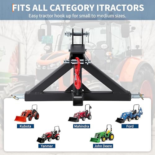 Heavy Duty 3-Point Quick Hitch Receiver for Category 1 Tractors, 2" Drawbar Adapter & Towing Hook, High Strength Construction for Implements & Trailers, Black