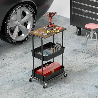 Simple Houseware 2-Tier Utility Cart Wood Top/Lockable Wheel, Rustic Brown - color: Rustic Brown