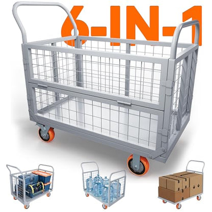 YITAMOTOR 2000lbs Platform Truck Cart w/Cage, 6-in-1 Foldable Flatbed Cart