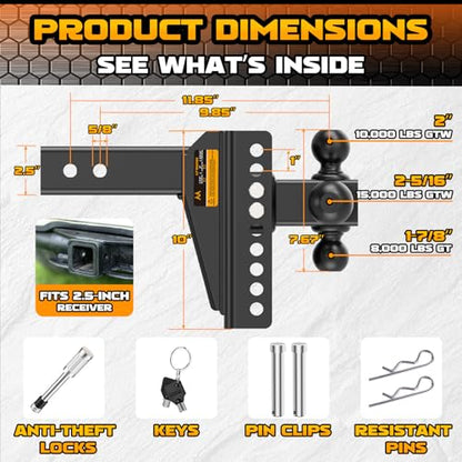 Adjustable Trailer Hitch -Drop Hitch Fit 2.5" Receiver-8" Drop/Rise