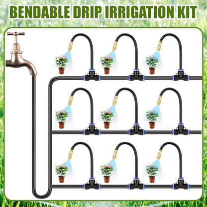 MorningRo 98 ft Drip Irrigation Kit, 5/16" Tube Automatic Watering System with 30pcs 360° Adjustable Brass Nozzles, Water Saving DIY for Garden, Lawn, Yard, Greenhouse Plants - size: 98 ft