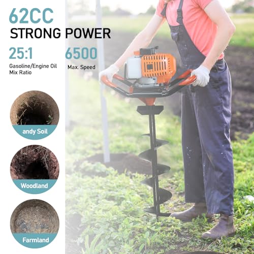 Gas Post Hole Digger 62cc, One Man Earth Auger Powerhead with 3 Bits