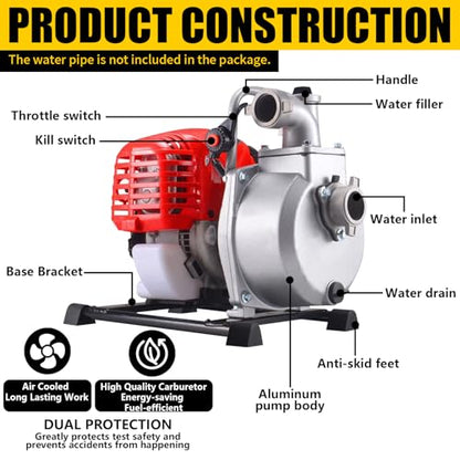 1.6HP 2 Stroke Gas Gasoline Water Pumps,1.5" Inch 1.25KW Petrol Water Transfer High Pressure Pump, 52CC Trash Pump 8500RPM Air Cooling Single-cylinder for Irrigation Pool