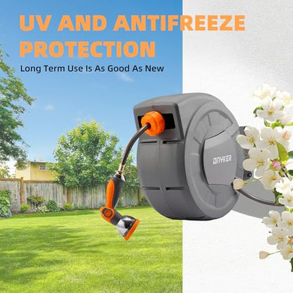 Retractable Garden Hose Reel, 1/2 inch x 65 ft Water Hose Reel Wall Mounted, Any Length Lock, Slow Auto-Rewind, 180°Swivel Bracket & 10 Pattern Nozzle - size: 1/2'' 65FT