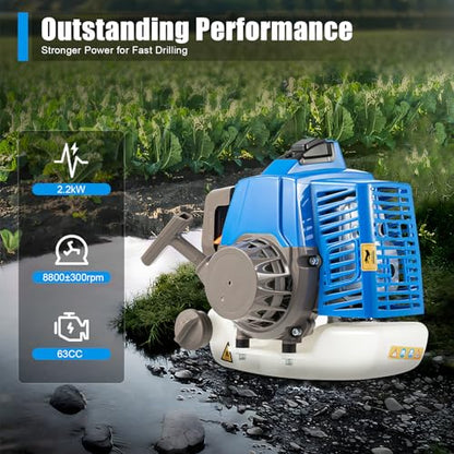 63CC 2-Stroke Hand Push Post Hole Digger with Wheel, 12" Auger Bit - color: 63CC, Blue