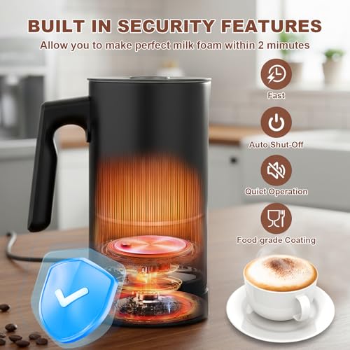 Electric Milk Frother Automatic Hot & Cold Foam Maker Auto Shut-Off Durable Stainless Steel Milk Frother with 4 Functions Enjoy Perfect Milk Froth in 2 Min for Coffee, Latte, Macchiato (Black) - color: Black