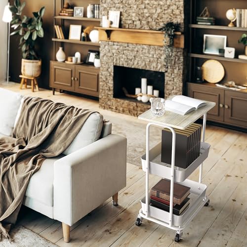 Simple Houseware 2-Tier Rolling Utility Cart Wood Top/Lockable Wheel, Maple - color: Maple