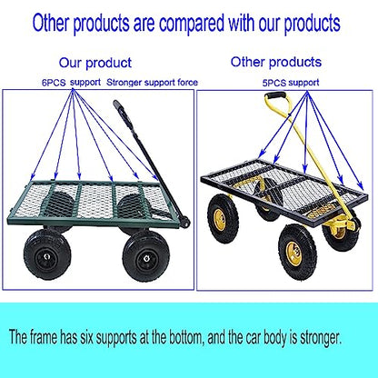 Steel Garden Cart, 2-in-1 600 lbs Heavy Duty Utility Wagon, with Removable Mesh Sides to Convert into Flatbed, 240° U-Turn 10" Pneumatic Tires Garden Wagon for Farm Yard Lawn Garden Camping (green) - color: Green